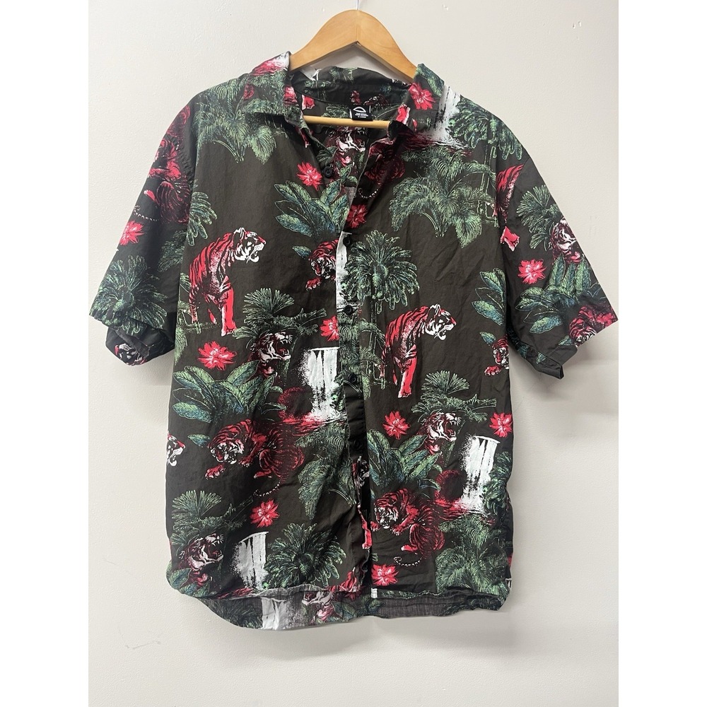 Neff Tiger Hawaiian Shirt XL Black Red Tropical Palm Tree Waterfall Camp Floral